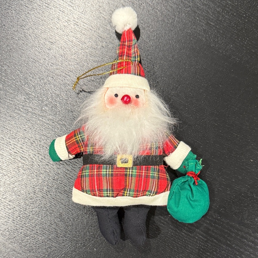 Vintage Plush Ornament Plaid Santa Claus Holiday Tree Decoration Decor